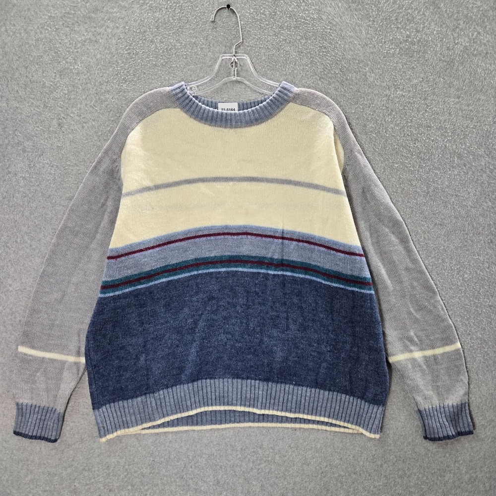 VINTAGE Emporium Men Sweater XL Blue Colorblock Striped Wool Knit‎ Crew Neck